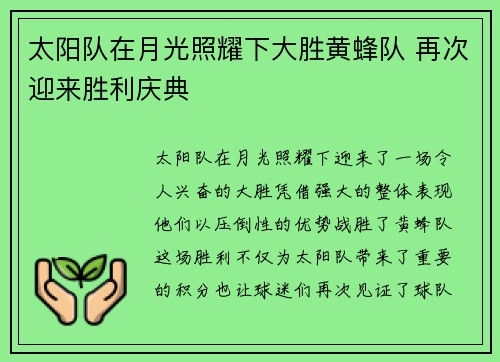太阳队在月光照耀下大胜黄蜂队 再次迎来胜利庆典
