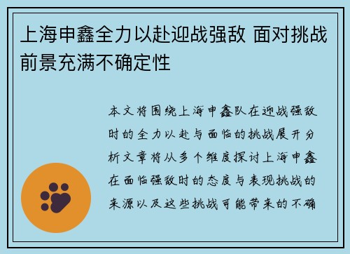 上海申鑫全力以赴迎战强敌 面对挑战前景充满不确定性