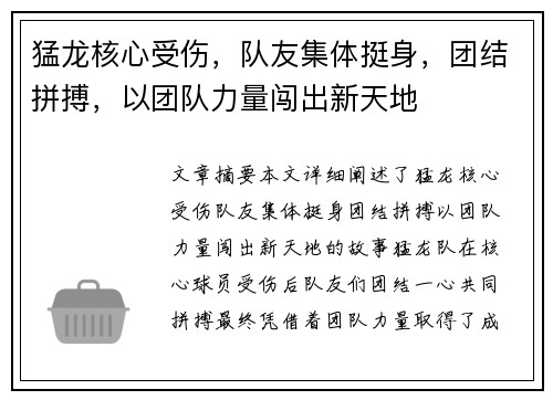猛龙核心受伤，队友集体挺身，团结拼搏，以团队力量闯出新天地