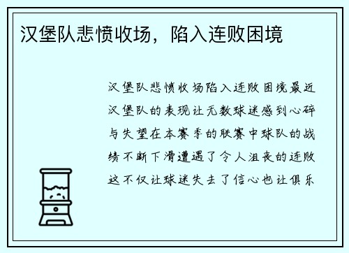 汉堡队悲愤收场，陷入连败困境