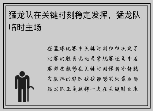 猛龙队在关键时刻稳定发挥，猛龙队临时主场