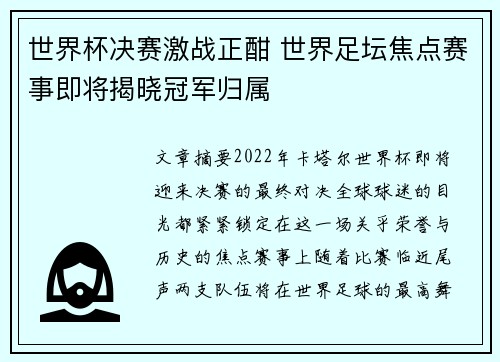 世界杯决赛激战正酣 世界足坛焦点赛事即将揭晓冠军归属